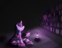 Size: 730x561 | Tagged: safe, artist:subjectnumber2394, twilight sparkle, pony, g4, book, female, lantern, library, magic, solo