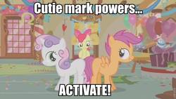 Size: 800x450 | Tagged: safe, apple bloom, scootaloo, sweetie belle, g4, image macro, wonder twins