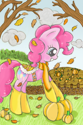 Size: 888x1338 | Tagged: safe, artist:mykittyjasper, pinkie pie, earth pony, pony, g4, autumn, autumn leaves, female, leaf, leaves, pumpkin, solo