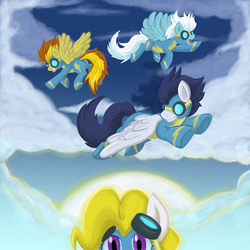 Size: 1000x1000 | Tagged: safe, artist:himanuts, fleetfoot, soarin', spitfire, surprise, g1, g4, g1 to g4, generation leap, wonderbolts, wonderbolts uniform