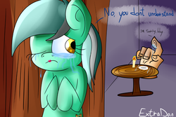 Size: 996x665 | Tagged: dead source, safe, artist:extradan, lyra heartstrings, pony, unicorn, g4, candle, crying, date, hand, table, thing