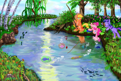 Size: 1500x1000 | Tagged: safe, artist:rosemary-thyme, applejack, pinkie pie, twilight sparkle, fish, g4, fishing, riverbank