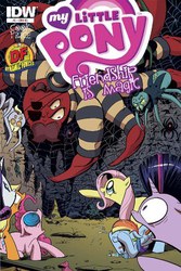 Size: 300x450 | Tagged: safe, artist:andypriceart, idw, official comic, applejack, f'wuffy, fluttershy, pinkie pie, rainbow dash, rarity, twilight sparkle, earth pony, pegasus, pony, spider, unicorn, g4, official, the return of queen chrysalis, spoiler:comic, spoiler:comic02, comic, cover, covering eyes, crying, derpy spider, eyepatch, female, fluttershy being fluttershy, hat, male, mane six, mare, scared, unicorn twilight