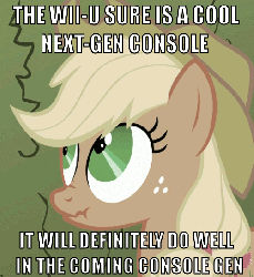 Size: 500x546 | Tagged: safe, edit, edited screencap, screencap, applejack, earth pony, pony, g4, my little pony: friendship is magic, the return of harmony, animated, female, image macro, liarjack, looking up, mare, op is a duck, op is trying to start shit