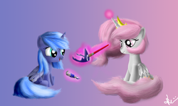 Size: 2500x1500 | Tagged: safe, artist:bronyontheway, princess celestia, princess luna, pony, g4, cewestia, crown, duo, filly, magic, paint, paintbrush, pink-mane celestia, s1 luna, sisters, woona, younger