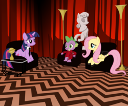 Size: 1625x1348 | Tagged: safe, artist:tweevle, fluttershy, spike, twilight sparkle, g4, dale cooper, david lynch, laura palmer, mark frost, parody, statue, twin peaks