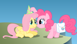 Size: 3500x2000 | Tagged: safe, artist:pokerface3699, fluttershy, pinkie pie, earth pony, pegasus, pony, g4, duo, duo female, female, hat, mare, party hat, saddle bag, vector