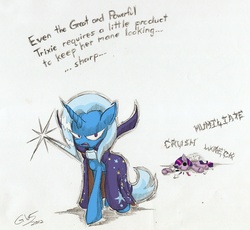 Size: 1000x918 | Tagged: safe, artist:zilof, trixie, pony, unicorn, g4, dialogue, female, mare, solo, text, toy