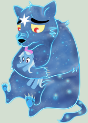 Size: 2476x3440 | Tagged: safe, artist:apple-pie-in-the-sky, trixie, bear, pony, unicorn, ursa, ursa minor, g4, female, high res, hug, licking, mare, simple background, sitting, tongue out