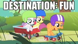 Size: 1280x720 | Tagged: safe, apple bloom, scootaloo, sweetie belle, g4, cutie mark crusaders, image macro