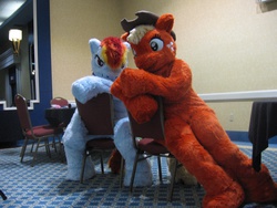 Size: 2272x1704 | Tagged: safe, artist:spainfischer, applejack, rainbow dash, anthro, g4, 2011, chair, condition red, convention, cosplay, duo, fursuit, irl, looking at you, photo, ponysuit, sitting, sitting backwards, smiling, smirk