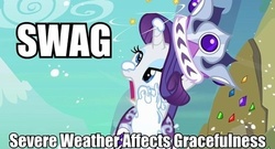 Size: 500x269 | Tagged: safe, edit, edited screencap, screencap, princess platinum, rarity, pony, unicorn, g4, hearth's warming eve (episode), my little pony: friendship is magic, caption, hearth's warming eve, image macro, snow, solo, swag, text