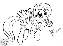 Size: 900x663 | Tagged: safe, artist:jcosneverexisted, fluttershy, pegasus, pony, g4, black and white, female, grayscale, grin, hoof on chin, lineart, looking at you, mare, monochrome, smiling, solo, spread wings, wings