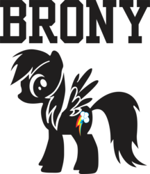 Size: 3268x3778 | Tagged: safe, artist:jcosneverexisted, rainbow dash, pegasus, pony, g4, brony, clothes, design, female, mare, monochrome, shirt, side view, simple background, solo, spread wings, t-shirt, text, transparent background, white background, wings