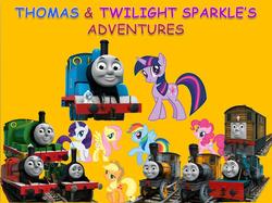 Size: 891x667 | Tagged: safe, applejack, fluttershy, pinkie pie, rainbow dash, rarity, twilight sparkle, g4, crossover, emily the emerald engine, james the red engine, mane six, percy the small engine, thomas and friends, thomas the tank engine, toby the tram engine, train