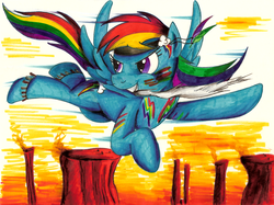 Size: 1024x765 | Tagged: safe, artist:jamescorck, rainbow dash, pegasus, pony, g4, bodypaint, feather, female, flying, native american, solo, squaw dash, valley, war paint