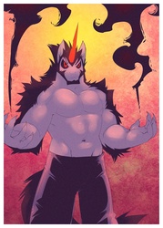 Size: 650x907 | Tagged: safe, artist:kokuhane, artist:whitestar1802, king sombra, unicorn, anthro, g4, abstract background, belly button, black sclera, clothes, horn, king sombara, looking at you, male, muscles, muscular male, pecs, solo, topless