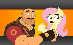 Size: 1920x1200 | Tagged: safe, artist:joey darkmeat, artist:vexx3, color edit, edit, fluttershy, human, pegasus, pony, g4, colored, crossover, duo, fake eyebrows, fake moustache, looking at you, team fortress 2, wallpaper, wat