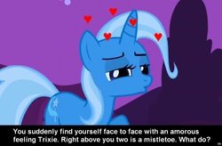 Size: 1024x672 | Tagged: safe, trixie, pony, unicorn, g4, bedroom eyes, bronybait, caption, cs captions, female, heart, love, mare, solo