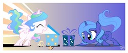 Size: 1195x497 | Tagged: source needed, useless source url, safe, artist:olegsavoskin, princess celestia, princess luna, g4, cewestia, crouching, cute, eyes closed, filly, folded wings, gradient background, open mouth, open smile, present, smiling, spread wings, wings, young celestia, young luna