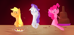 Size: 1911x907 | Tagged: safe, artist:teranymphicus, applejack, pinkie pie, rarity, g4, apple, cake, eating