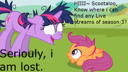 Size: 830x467 | Tagged: safe, scootaloo, twilight sparkle, g4, text