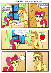 Size: 900x1273 | Tagged: safe, artist:ciriliko, apple bloom, applejack, g4, comic, creeper, engrish, liar face, liarjack, scrunchy face