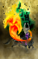 Size: 1499x2342 | Tagged: dead source, safe, artist:lova-gardelius, twilight sparkle, g4, crossover, link, midna, midna sparkle, namesake, pun, riding, the legend of zelda, the legend of zelda: twilight princess, wolf link