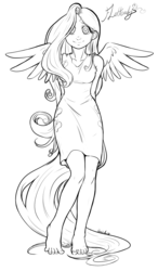 Size: 703x1200 | Tagged: safe, artist:aphexangel, fluttershy, human, g4, clothes, color me, dress, humanized, lineart, monochrome, tailed humanization, winged humanization