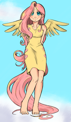 Size: 703x1200 | Tagged: safe, artist:aphexangel, artist:natsu-azami, fluttershy, human, g4, barefoot, clothes, colored, dress, feet, humanized, tailed humanization, winged humanization