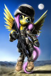 Size: 2000x3000 | Tagged: safe, artist:wylfden, fluttershy, pegasus, pony, g4, ar-15, assault rifle, badass, boots, bulletproof vest, camouflage, clothes, cute, eotech, female, flutterbadass, gloves, gun, helmet, high res, knee pads, mare, military, military uniform, moon, picatinny rail, rifle, scope, shoes, solo, spread wings, torch, uniform, weapon, wings