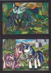 Size: 626x900 | Tagged: safe, artist:mialythila, princess cadance, queen chrysalis, shining armor, alicorn, changeling, changeling queen, pony, unicorn, g4, female, male, mare, stallion, traditional art