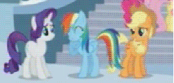 Size: 322x155 | Tagged: safe, screencap, applejack, fluttershy, pinkie pie, rainbow dash, rarity, earth pony, pegasus, pony, unicorn, g4, the crystal empire, animated, butt, cropped, female, hoofbump, mare, offscreen character, plot
