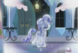 Size: 263x179 | Tagged: safe, screencap, rarity, crystal pony, pony, unicorn, g4, season 3, the crystal empire, all new, animated, bedroom eyes, crystal rarity, crystallized, female, gif, gif for breezies, horn, hub logo, logo, mare, picture for breezies, raised hoof, solo, text, the hub