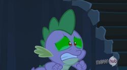 Size: 1174x650 | Tagged: safe, screencap, spike, dragon, g4, season 3, the crystal empire, all new, greatest fear, hub logo, logo, male, solo, text, the hub