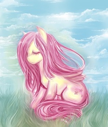 Size: 500x590 | Tagged: safe, artist:na-no-chan, fluttershy, pegasus, pony, g4, cloud, eyes closed, female, grass, mare, sitting, sky, solo