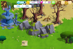 Size: 960x640 | Tagged: safe, gameloft, derpy hooves, pegasus, pony, g4, my little pony: magic princess, box, dead tree, element of magic, female, game, game screencap, harmony stones, mare, metal derp solid, pony in a box, scary tree, tree
