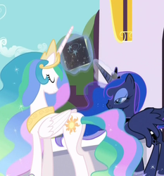 Size: 845x906 | Tagged: safe, screencap, princess celestia, princess luna, alicorn, pony, g4, my little pony: friendship is magic, the crystal empire, black tome of future plot relevance, book, cropped, duo, female, levitation, magic, mare, mid-blink screencap, mysterious book, speculation, telekinesis