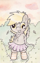 Size: 728x1127 | Tagged: safe, artist:slightlyshade, derpy hooves, pegasus, pony, g4, clothes, cute, female, mare, ribbon, skirt, socks, solo, striped socks, traditional art