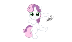 Size: 1200x700 | Tagged: safe, artist:zeronitan, sweetie belle, pony, unicorn, g4, bipedal, cute, diasweetes, female, filly, looking at you, signature, simple background, smiling, solo, white background