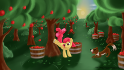 Size: 1920x1080 | Tagged: safe, artist:taggerung, apple bloom, winona, dog, earth pony, pony, g4, apple, applebucking, fanfic, female, filly, older