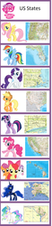 Size: 601x2599 | Tagged: safe, apple bloom, applejack, fluttershy, pinkie pie, princess celestia, princess luna, rainbow dash, rarity, scootaloo, sweetie belle, twilight sparkle, g4, alaska, california, chart, comparison chart, connecticut, cutie mark crusaders, female, florida, hawaii, mane six, massachusetts, murica, oregon, royal sisters, siblings, sisters, states, texas, united states, us states, washington d.c.