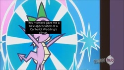Size: 640x360 | Tagged: safe, edit, edited screencap, screencap, spike, dragon, a canterlot wedding, g4, the crystal empire, cropped, hub logo, pony confession, stained glass, text in description