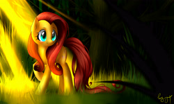 Size: 5000x3000 | Tagged: safe, artist:vardastouch, fluttershy, insect, ladybug, pegasus, pony, g4, crepuscular rays, female, folded wings, forest, grass, looking at someone, mare, outdoors, raised hoof, smiling, solo, standing, tree, turned head, wings