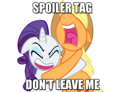 Size: 655x480 | Tagged: safe, applejack, rarity, g4, image macro, scared, screaming, spoiler