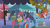 Size: 1280x720 | Tagged: safe, screencap, amber waves, fleur de verre, night knight, pinkie pie, rainbow dash, twilight sparkle, crystal pony, pony, g4, my little pony: friendship is magic, the crystal empire, flugelhorn, hub logo, jester, jester pie