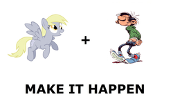 Size: 840x500 | Tagged: safe, derpy hooves, g4, all caps, exploitable meme, gaston lagaffe, gomer goof, make it happen, meme, meta, text