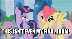 Size: 564x307 | Tagged: safe, edit, edited screencap, screencap, pinkie pie, spike, twilight sparkle, dragon, g4, my little pony: friendship is magic, the crystal empire, caption, female, image macro, male, mare