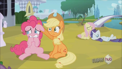 Size: 1280x720 | Tagged: safe, screencap, applejack, fluttershy, pinkie pie, rarity, g4, my little pony: friendship is magic, the crystal empire, hub logo, scared