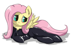 Size: 1001x667 | Tagged: safe, artist:muffinsforever, fluttershy, pegasus, pony, g4, blushing, catsuit, chest fluff, draw me like one of your french girls, female, mare, solo, zipper